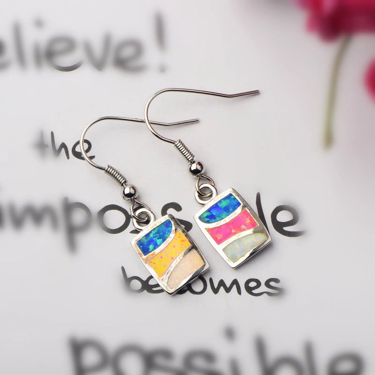 Tiktok Ins Viral Gradient Opal Drop Earrings | Colorful Square Gem Dangle Jewelry Wholesale