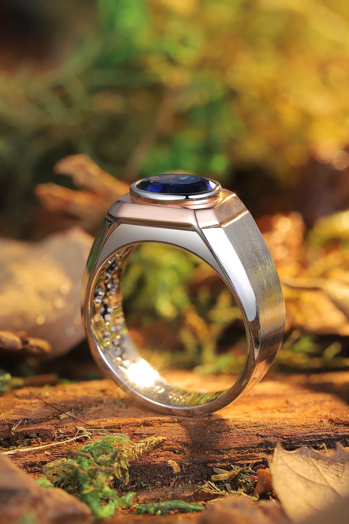 Gemfiori Silver Natural Stone Eternity Lab Grown Diamond Rings for Men Gemstone Custom S925 Sterling Silver Cultivate Sapphire Gem Ring