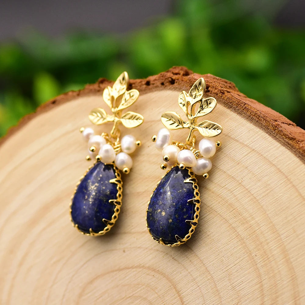 Natural Lapis Lazuli Pearl Temperament Drop Earrings for Women Girls Party Gift Original Design Luxury  Earrings Bulk