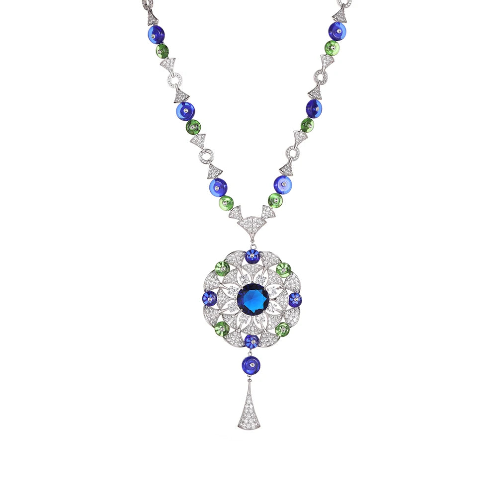 High End Pendant Blue-green Round Bead Long Necklace  Earring Set Brass Zirconia Wholesale  Factory Direct Sales