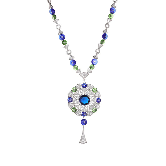High End Pendant Blue-green Round Bead Long Necklace  Earring Set Brass Zirconia Wholesale  Factory Direct Sales