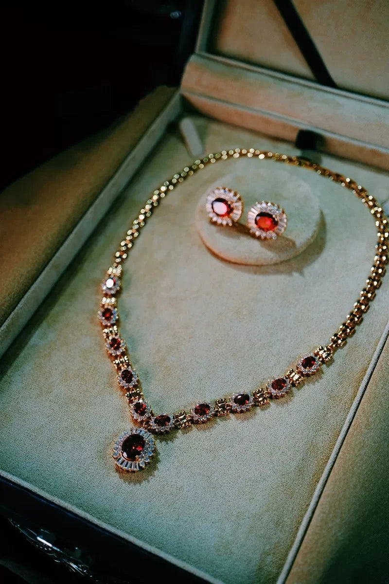 Luxury Oval Zirconia Halo Floral Pendant Necklace & Drop Earrings Bridal Set — Gold Plated