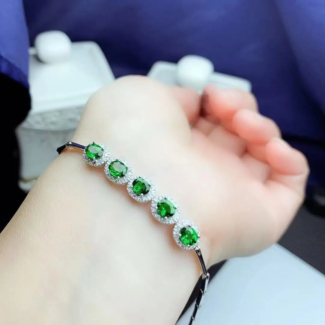 Jewelry 925 Sterling Silver Natural Diopside Ring Bracelet Necklace Set Engagement Gift 18K Gold-plated Women's Jewelry