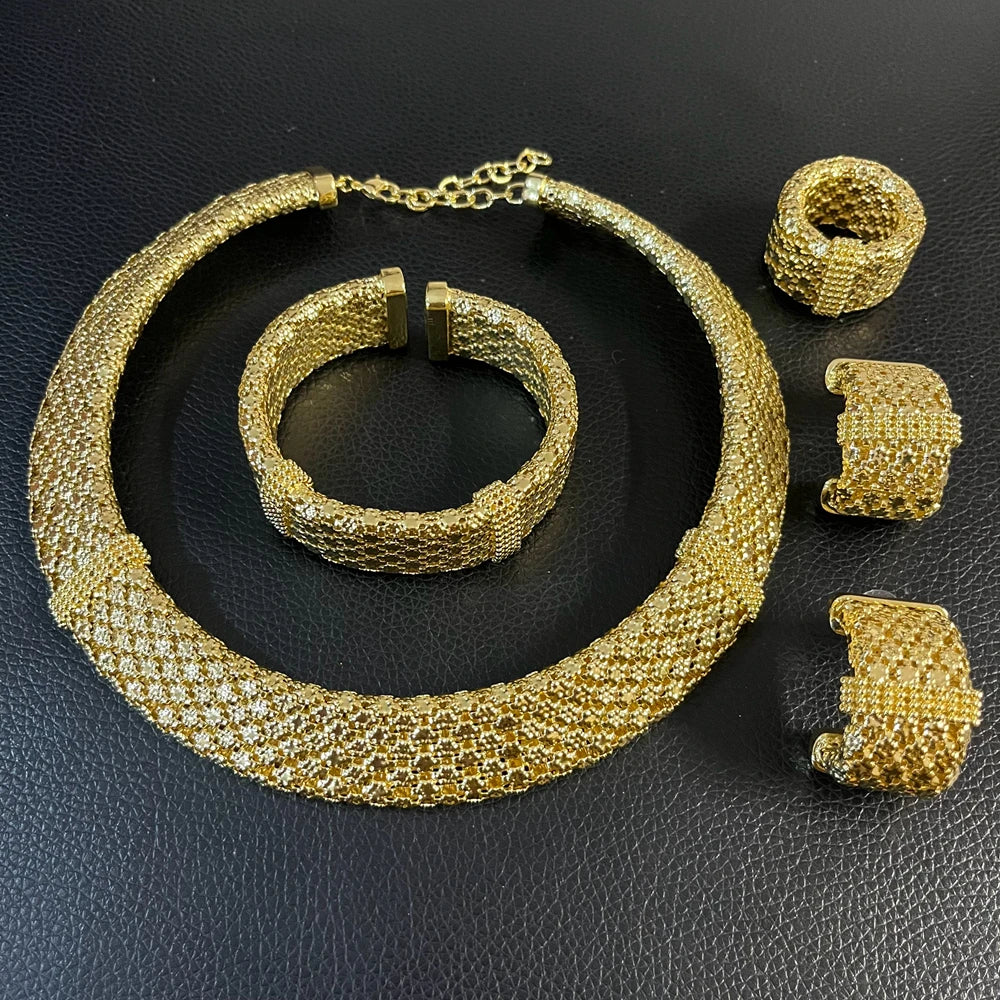 Zhuerrui Italian Jewelry Set Brazilian Gold Plated Brass Jewelry Sets Wedding Party Necklace Bracelet Earrings Ring Jewellery