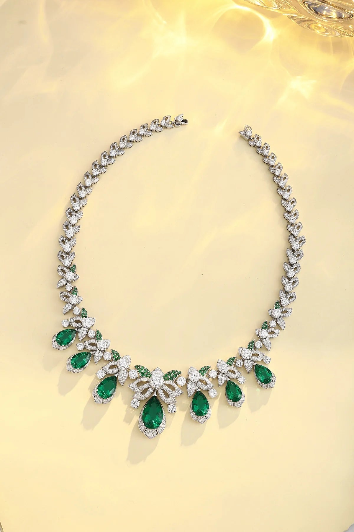 Gemfiori Premium 925 Sliver Lab Grown Emerald Statement Necklace Pear Shape Emeralds Adjustable Chain Length Ideal Gift for Women