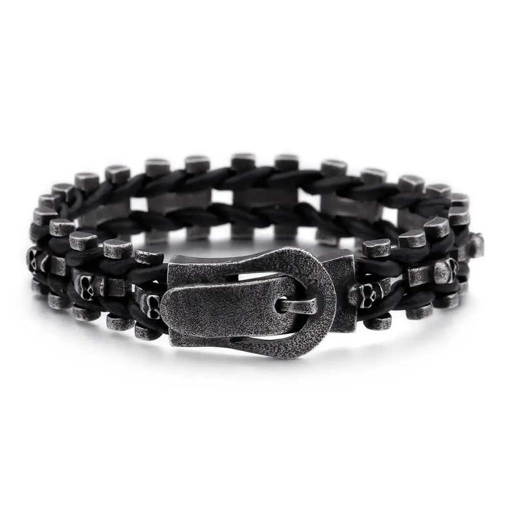 KALEN Charm Mens Skull Jewelry Leather Rope Braided Bracelet Handmade Stainless Steel Black Matte Punk Bracelets for Men