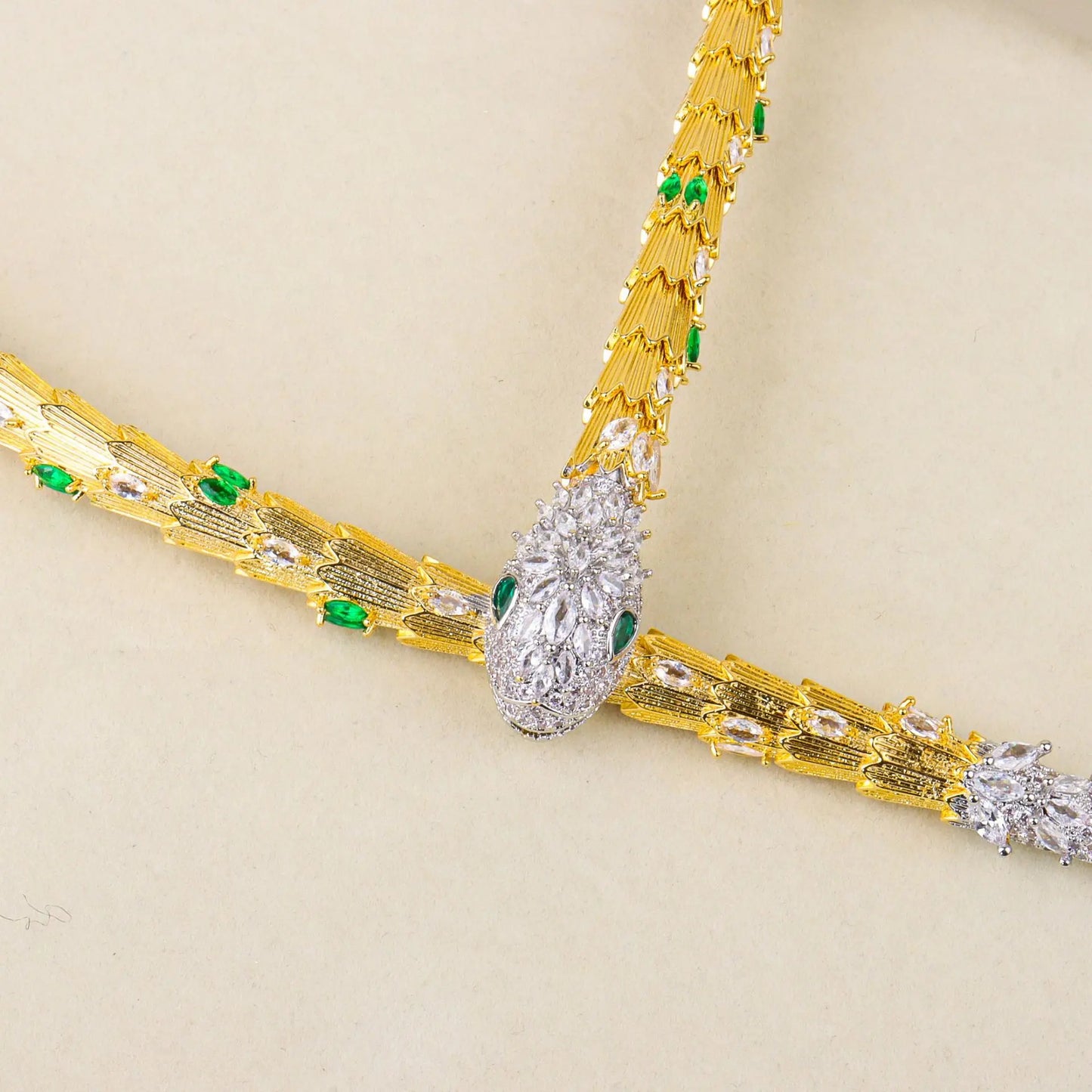 Luxury Snake-Design Zirconia Choker Necklace, Earring & Bangle Bridal Set — Gold & Rhodium Plated