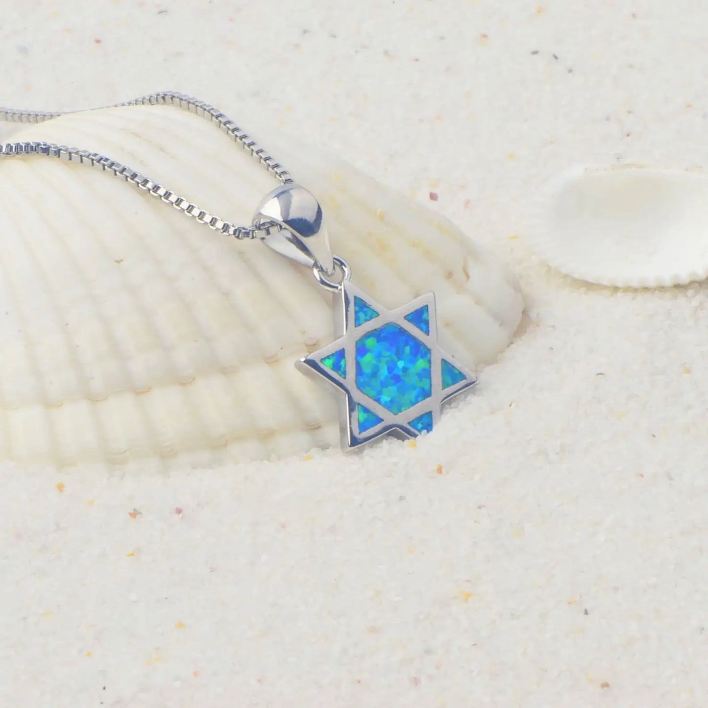 Bulk Jewish Star of David Brass Box Chain Necklaces Blue Opal Inlay Bohemian Plant Design Party Fashion Jewelry for Resellers