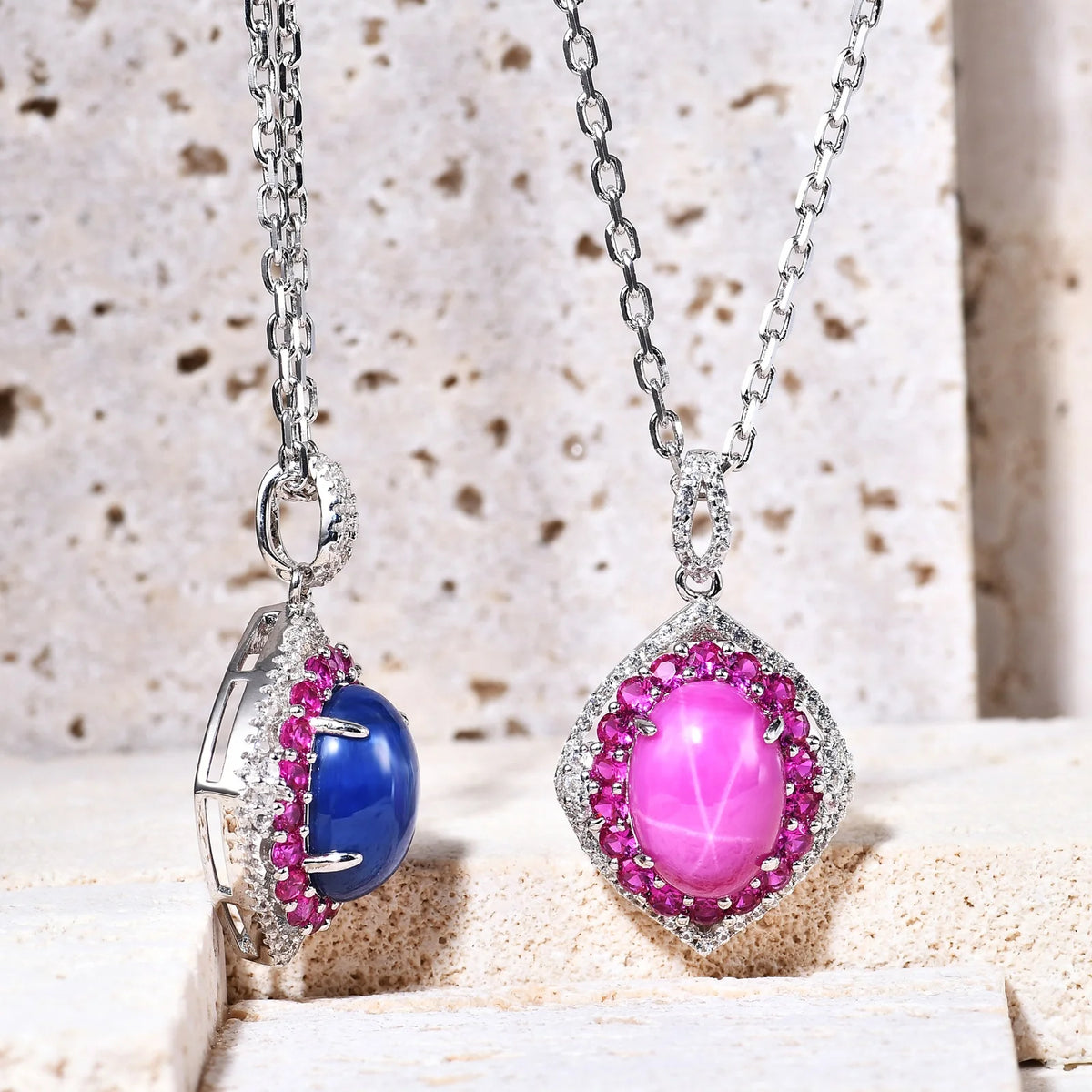 ArtistA C4028 Abiding Custom OEM/ODM Halo Ring Necklace Set Big Oval Shape Lab Grown Star Ruby Sapphire 925 Sliver Jewelry Set for Women