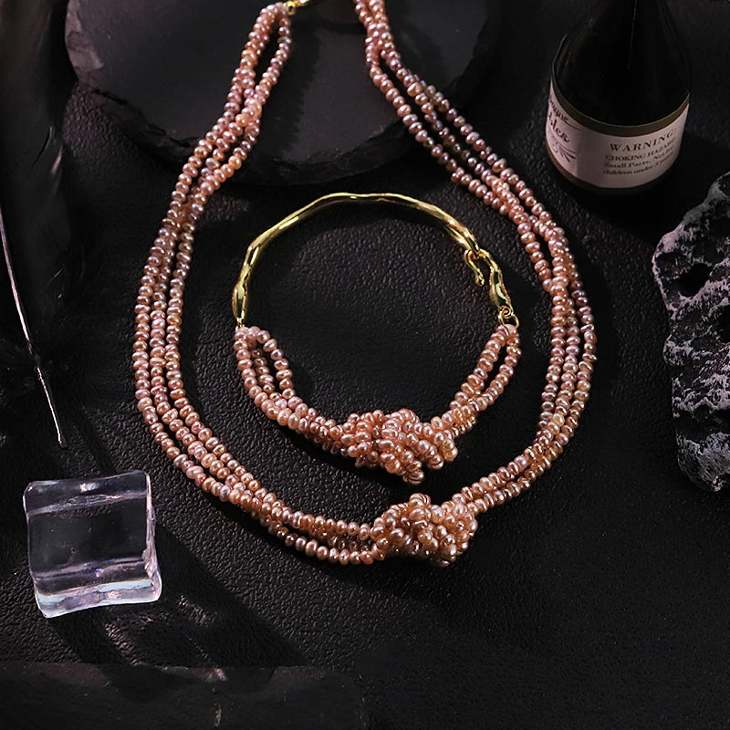 GLSEEVO Natural Purple Pearl Knotted Jewelry Set for Women Birthday Gift Pearl Necklace Bracelet with Clasp Fashion Jewelry
