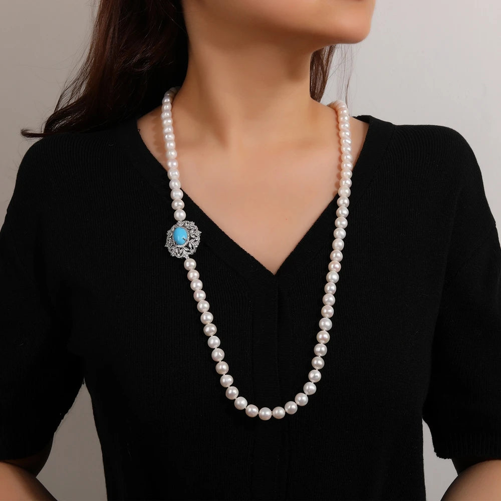 MUSHAN Jewelry Factory S925 Pearl Necklace Women High End Electroplated Gold High Carbon Diamond Blue Turquoise 8mm Accessory