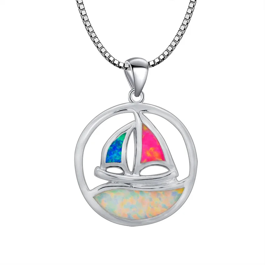 Aobao New Style Blue Opal Sailboat Necklace, Small Boat Pendant Sweater Chain, Opal Necklace