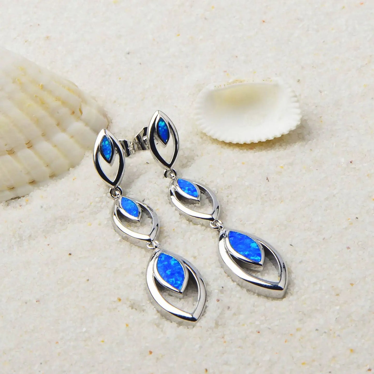 Tiered Marquise Opal Drop Earrings - Blue Fire Opal Framed Tassel Design | Elegant Daily Jewelry Bulk Gifts