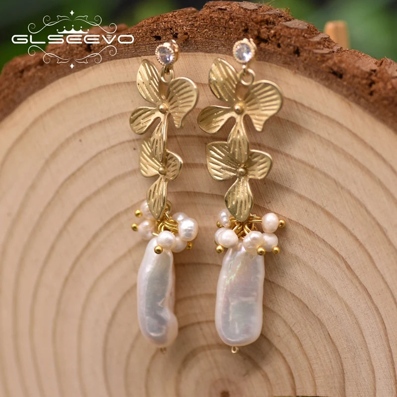 GLSEEVO Natural Freshwater Baroque Pearl & Gold Flower Leaves Jewellery Set — Necklace, Earrings & Bracelet