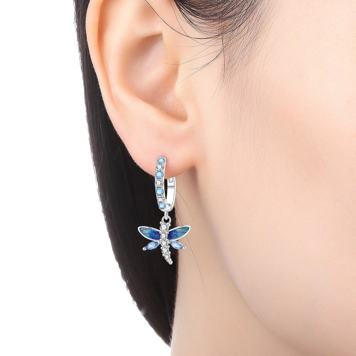 S&S Gradient Blue Enamel Dragonfly Drop Earrings – CZ Zircon – Collection