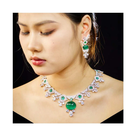 Emerald Green Cubic Zirconia Geometric Necklace & Earrings Jewellery Set