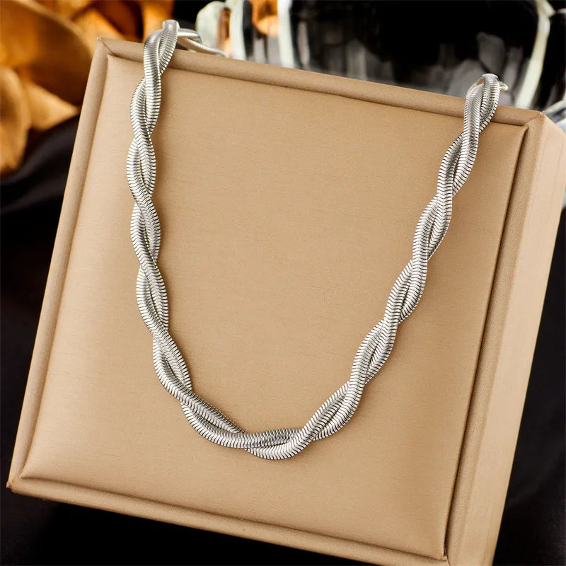 Silver Stainless Steel Twist Chain Necklace & Bracelet Jewellery Set | Waterproof Luxury Fashion Set