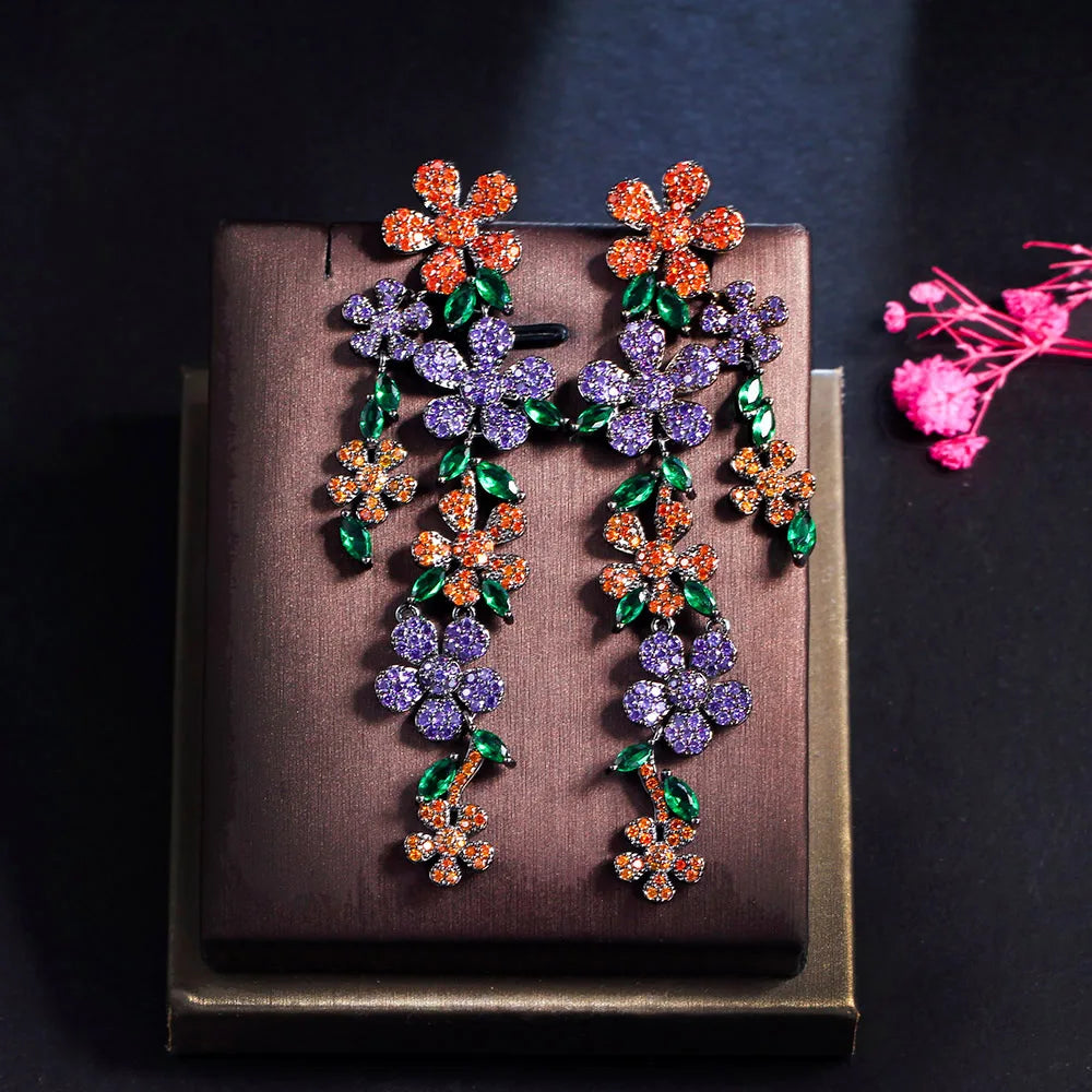 Glittering Multicolor Red Green Cubic Zircon Jewelry Flowers Long Dangling Drop Bridal Earrings for Women Wedding Party