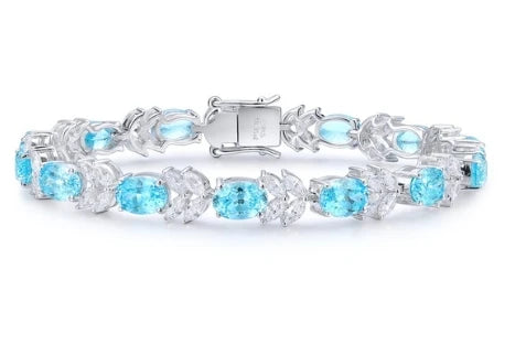 Gemfiori Customizable S925 Silver Bangles Chain Bracelet for Women Rhodium Lab Grown Paraiba Natural Gemstones for Gift Party OEM ODM