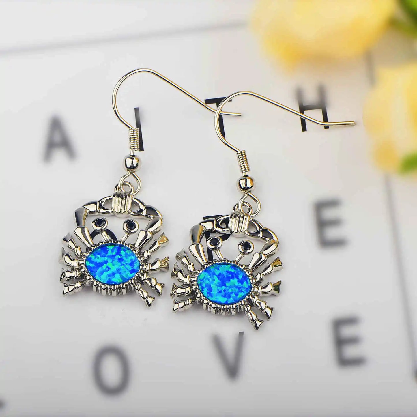 Whimsical Crab Opal Drop Earrings - Blue Fire Opal Center & Playful Seafood Design | Beach-Chic Daily Jewelry Bulk Gifts