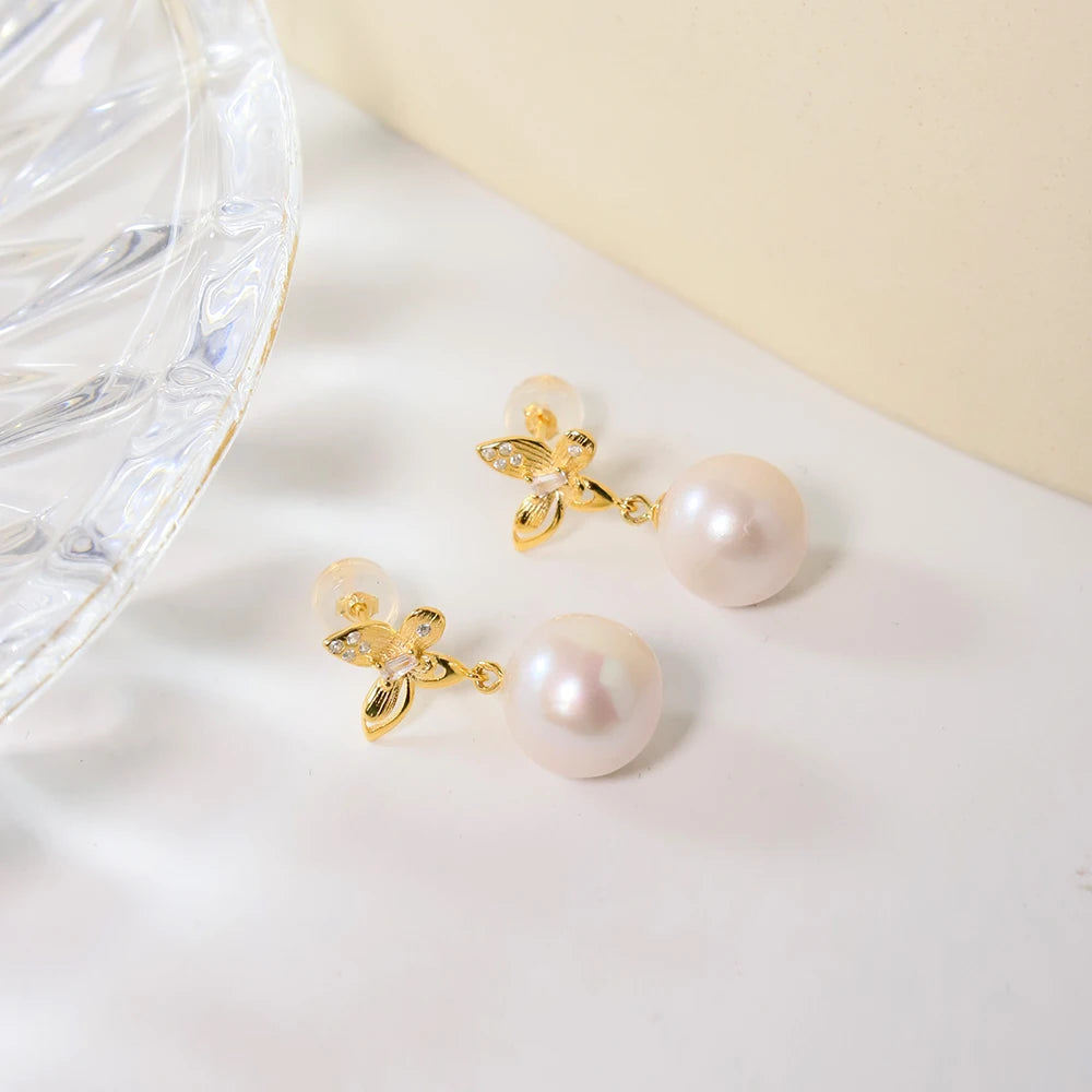 Natural Round Pearl 925 Silver Inlaid with Zircon butterfly Earrings for Women Korean Classic Vintage Fashion Jewelry Earrings