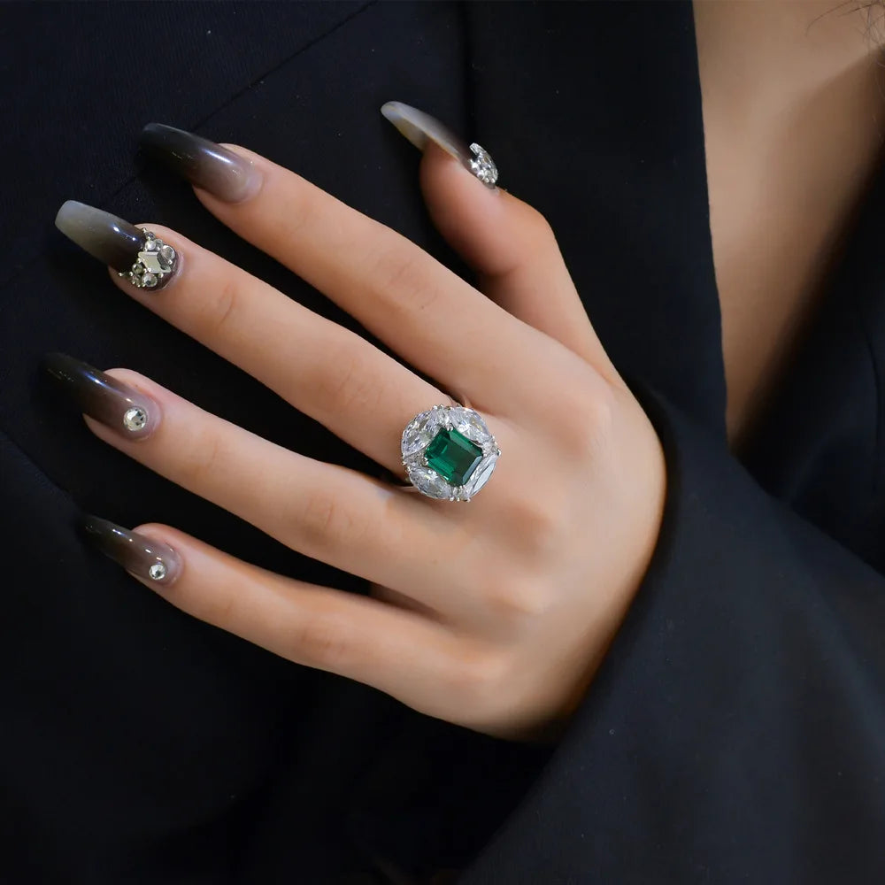 MuShan Jewelry Factory 8 * 10 Emerald S925 Pure Silver High Carbon Diamond Ring Women Hot Selling Platinum Large Diamond Ring
