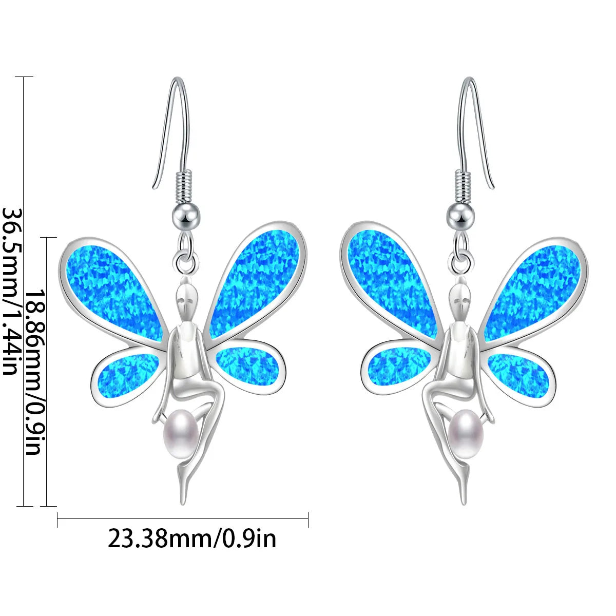 Enchanted Fairy Opal Drop Earrings - Blue Fire Opal Wings & Pearl Accent Design | Whimsical Daily Jewelry Bulk Gifts