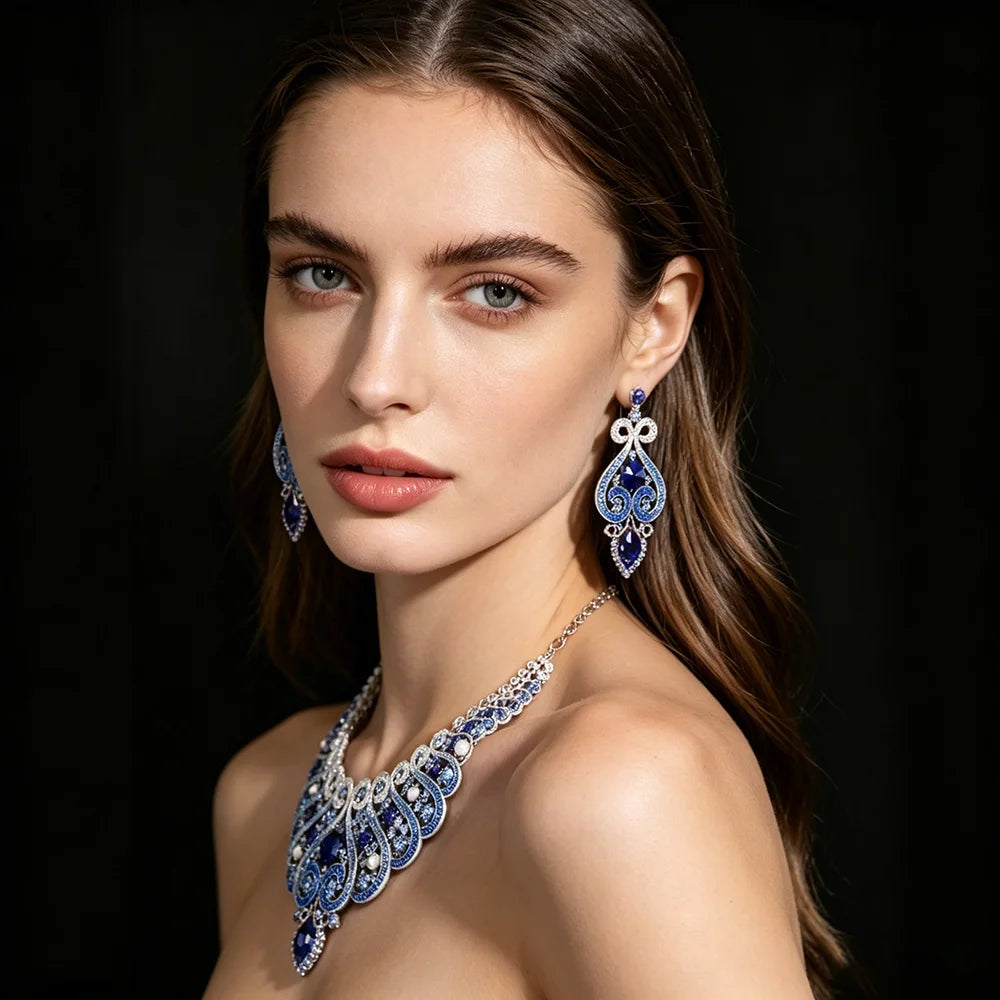 Luxury Princess-Cut Zirconia & Pearl Floral Statement Necklace & Drop Earrings Bridal Set — Gold Plated