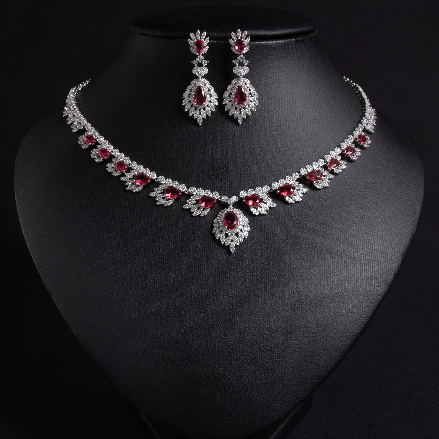 Luxury Pear-Cut Zirconia Floral Necklace & Earrings Bridal Set — Rhodium Plated