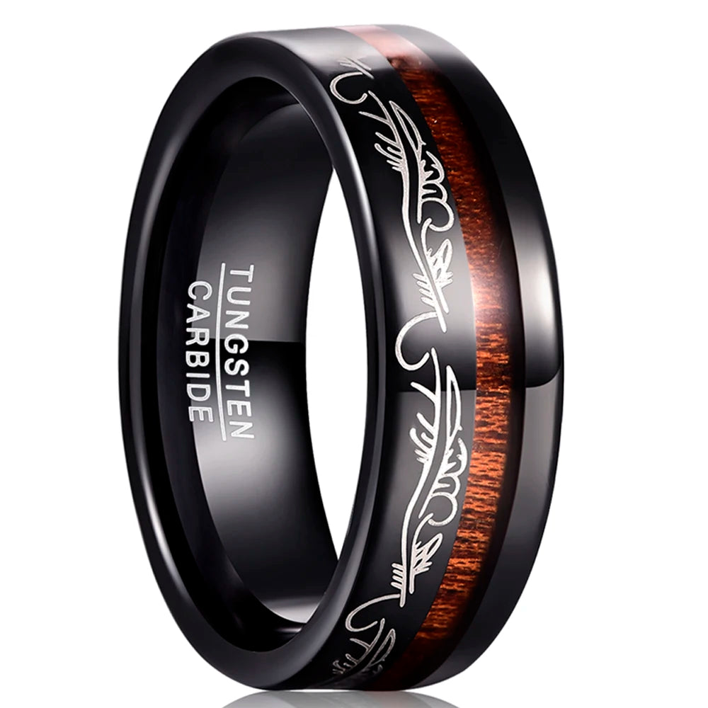 REBEL 1pcs 8mm Inlaid Wood Black Plated Men's Tungsten Steel Ring Jewelry