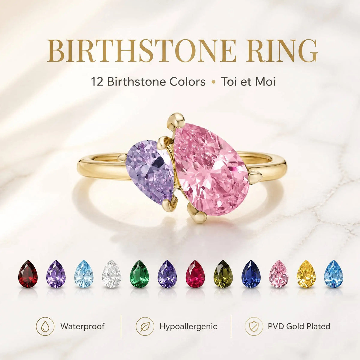 REDheart Birthstone Ring for Women Zirconia Toi Et Moi Ring 12 Colors Waterproof Skin-Friendly Gold Plated Steel Custom Anniversary Gift