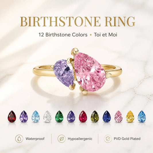 REDheart Birthstone Ring for Women Zirconia Toi Et Moi Ring 12 Colors Waterproof Skin-Friendly Gold Plated Steel Custom Anniversary Gift