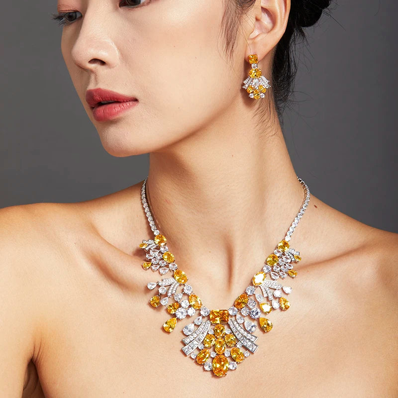 Brass Material High-end Customized Yellow Powder Zircon Dress Jewelry Women's Banquet Jewelry Collar Necklace Earrings Ring Set