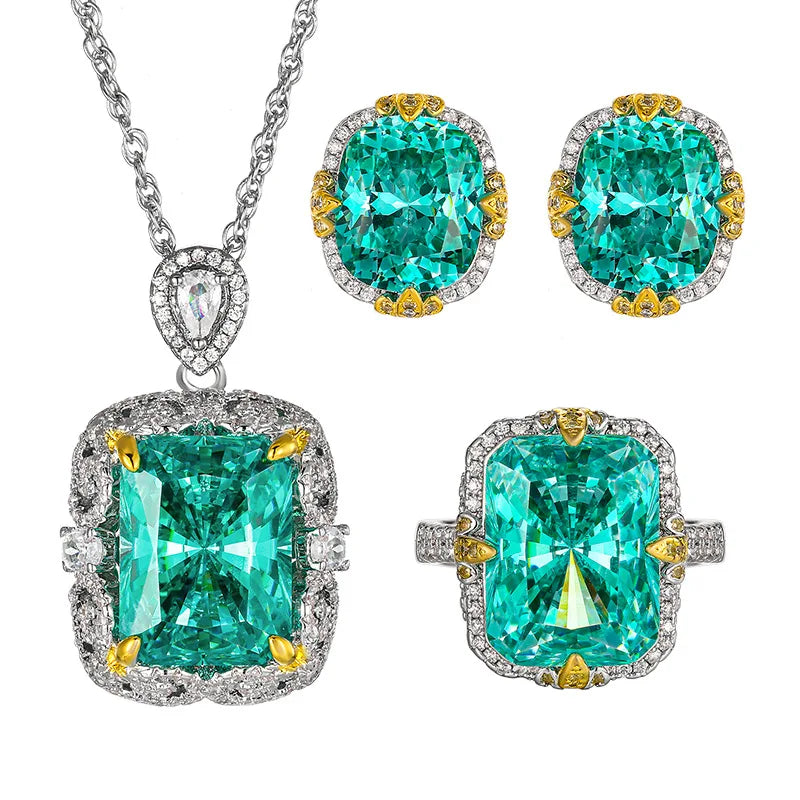 Gemfiori High End Green Pendant Ring Earrings Inlaid with square Zirconia Light Luxury Niche Design Temperament Princess square Set