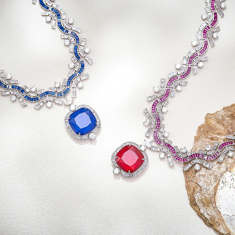Winter Snowflake Collection Jewelry Retro Green Dove Blood Red Zircon Sapphire Necklace Earrings New Product PressConference Set