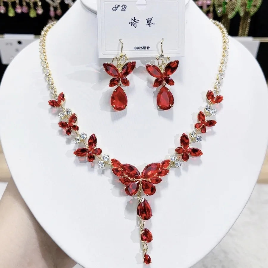 K089 Hot Selling Women Trendy Luxurious Zircon Butterfly Bridal Necklace Earrings Set Wedding Elegant Jewelry Set