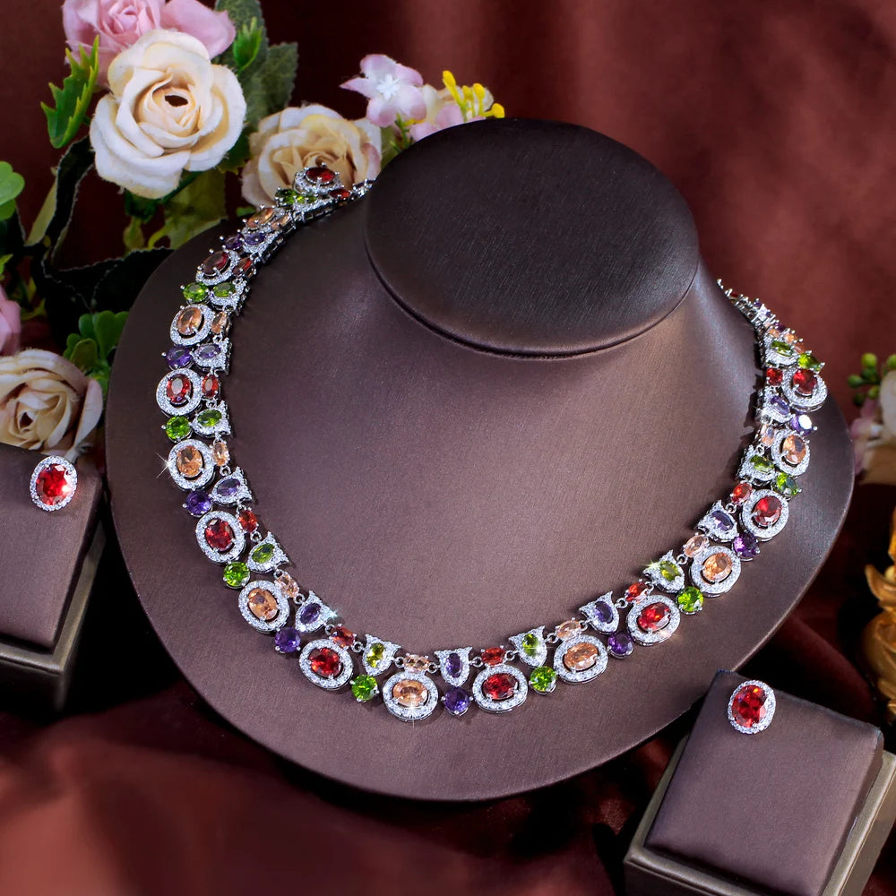 Gorgeous Necklace and Earrings Oval Cut Cubic Zirconia Stone Colorful Jewelry Set for Women Party Anniversary Dress Accessories