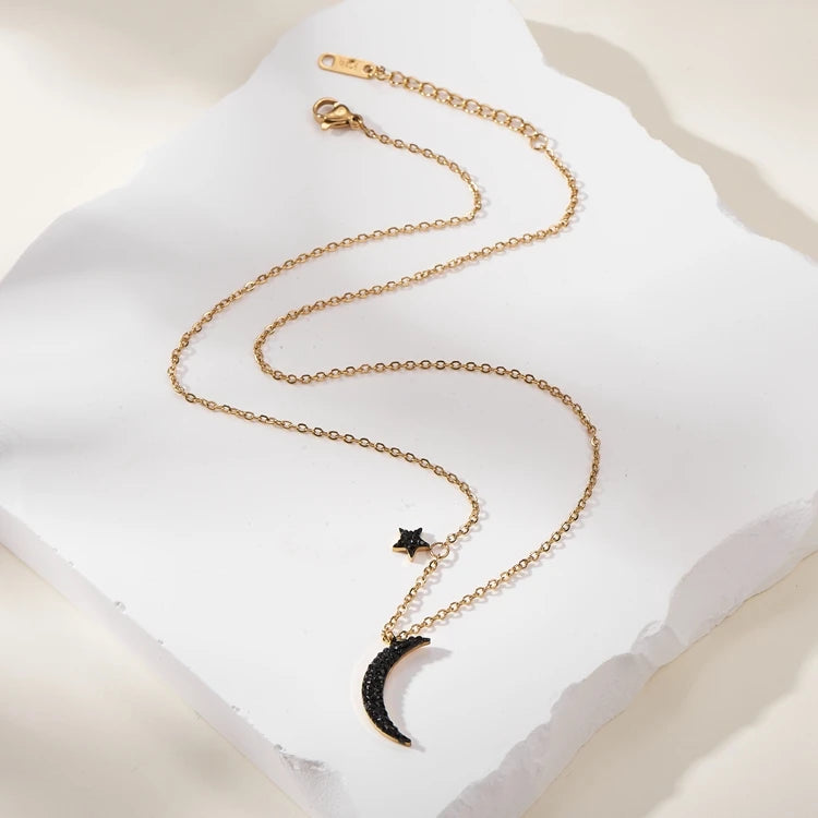 S&S Hot Sale Women 18K Gold Plated Black Crystal Crescent Star Moon Pendant Necklace with Link Chain Stainless Steel Alloy