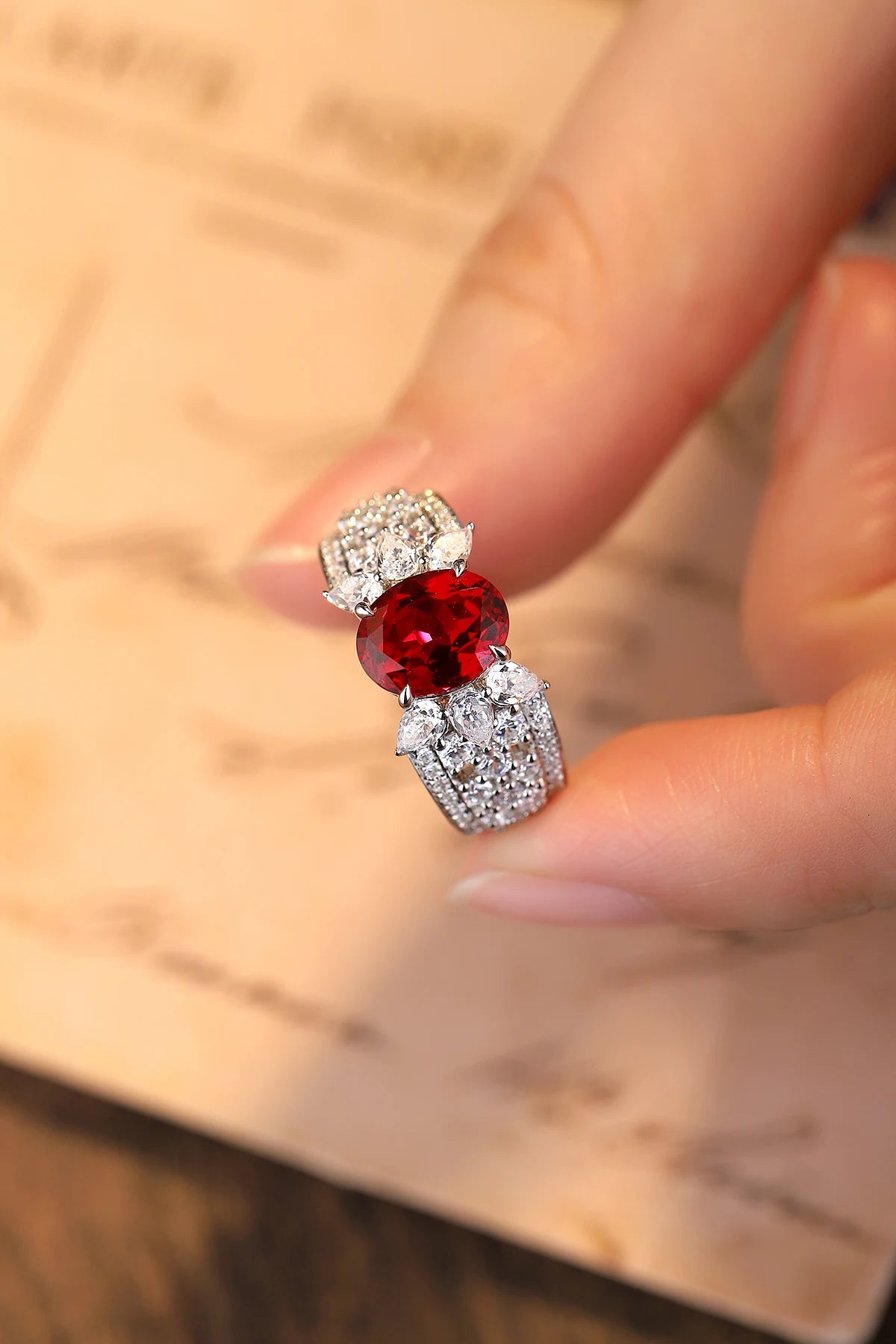 Gemfiori New Popular Lab Grown Ruby Ring 7*9mm 3.5 Carat Lab Created Engagement Ring 925 Sterling Silver Lab Ruby Ring for Giftgs