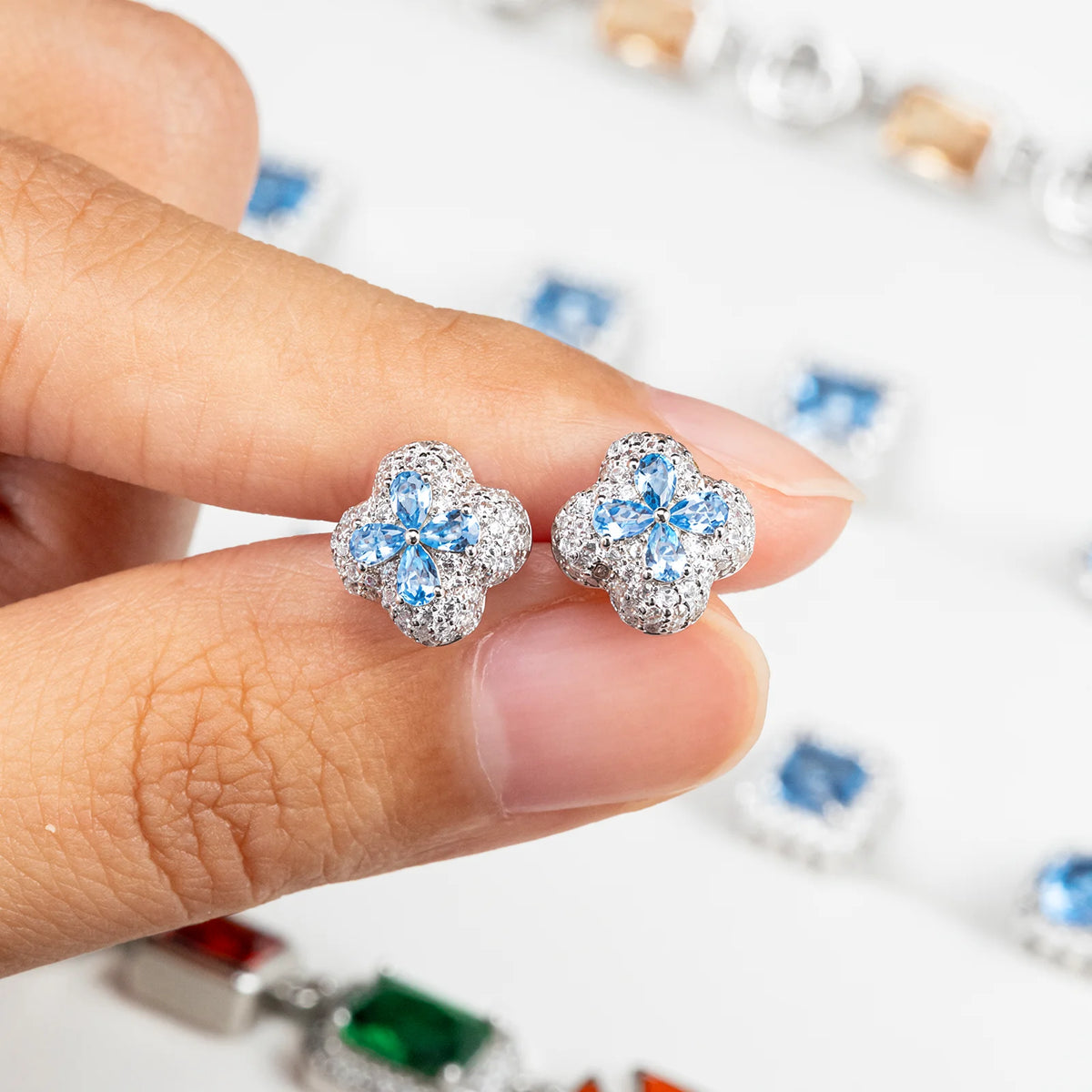 REBEL Blue CZ Stud Earring Simulated Sapphire Hip Hop Jewelry 14K Gold Plated 925 Sterling Silver Hypoallergenic Iced Out Earring