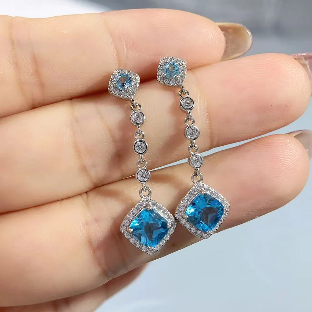 Gioiellieri Natural Blue Topaz Earrings S925 Sterling Silver Dangle Earrings for Women Fine Jewelry Anniversary Gift December Birthstone