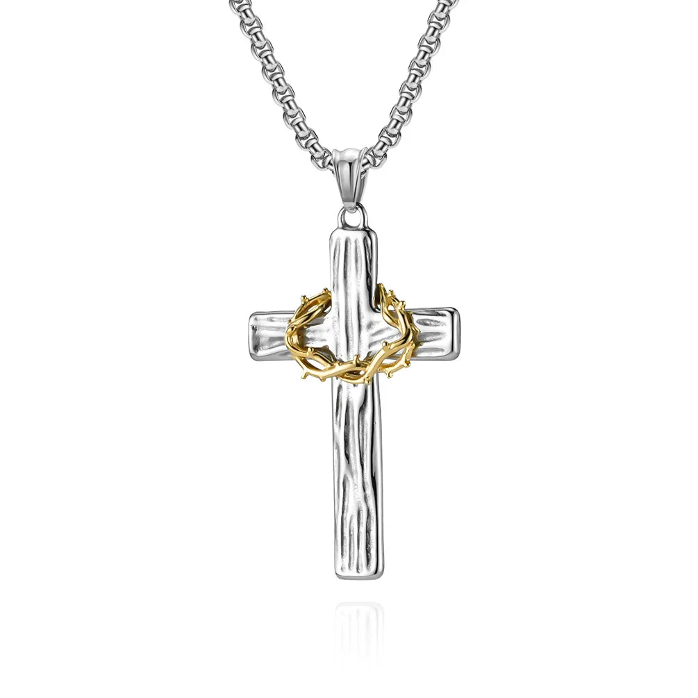Hip Hop Wreath Wood Grain Religious Cross Anti Non Tarnish Free WaterProof Stainless Steel Fashion Jewelry Pendant Necklaces Men
