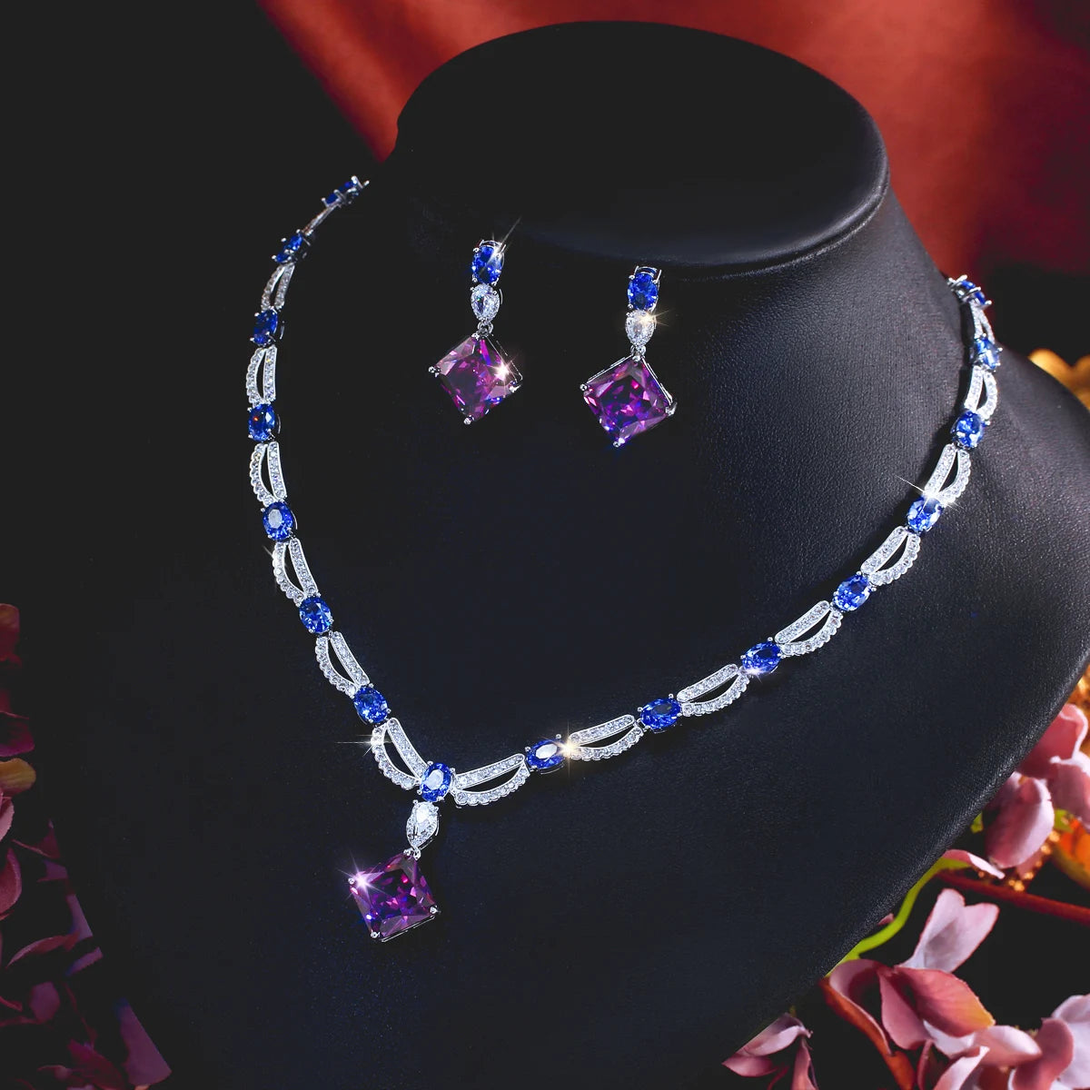 Rhodium Plated CZ Jewelry Set Cubic Zircon Blue Oval Purple Rhombus Dangle Drop Necklace Earrings Jewelry Set for Brides Wedding