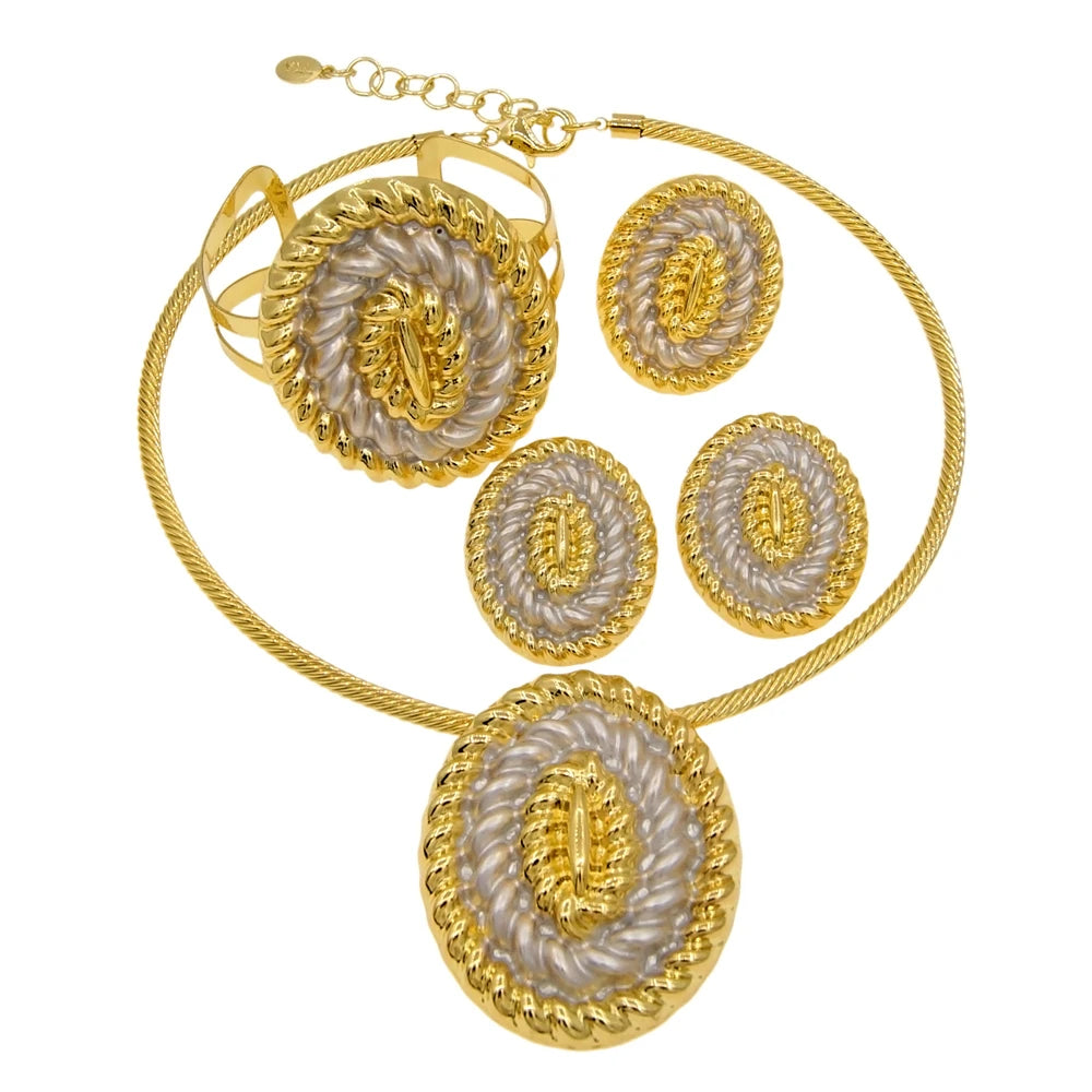 Zhuerru Italian Gold Plated Jewelry Set Simple Oval Necklace Bracelet Earrings Jewels Sets Bridal Wedding Accessories H00444