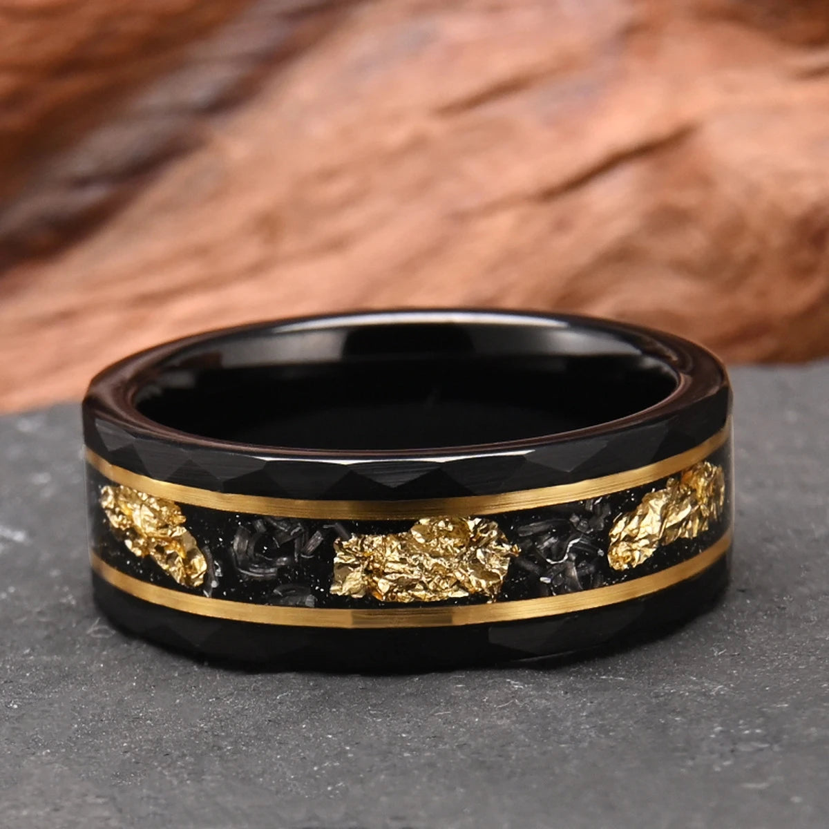 OAHLAN 8/6mm Faceted Black Tungsten Carbide Rings Meteorite Gold Foil Inlay Men Women Wedding Bands Engagement Matching Rings