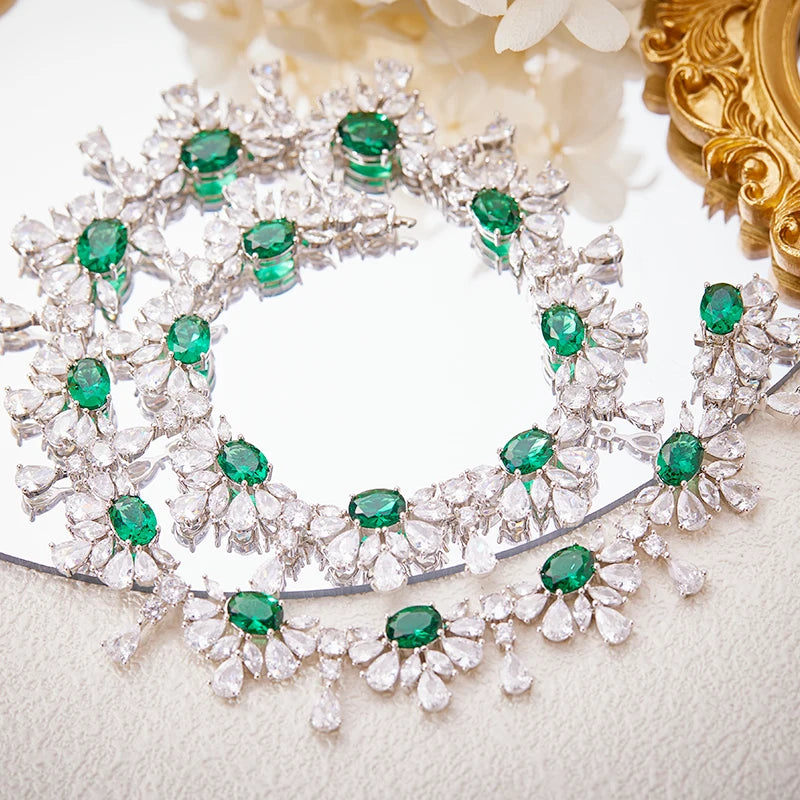 Wholesale Green Plated Brass Women's Evening Accessories Set Fashion Wedding Necklace Earrings Direct Sales Factory