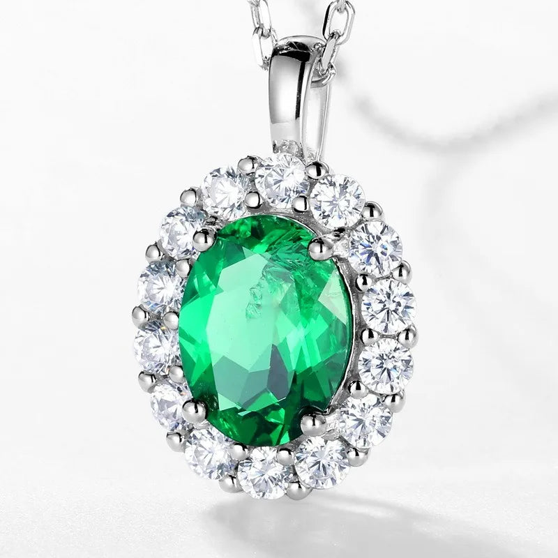 Oval Shape Vintage 925 Sterling Silver 1ct  Lab Grown Emerald Pendant Necklace Lab Grown Diamond Necklace for Gift