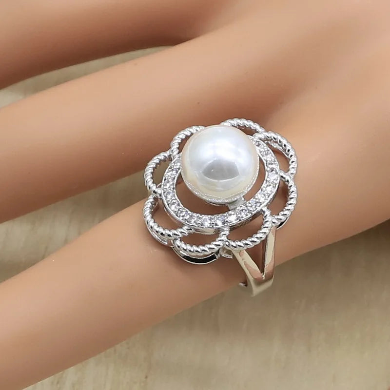 XOTICA 925 Silver Bridal Jewelry Set for Women Pearl Necklace Earrings Rings Pendant-Wedding or Party Gift