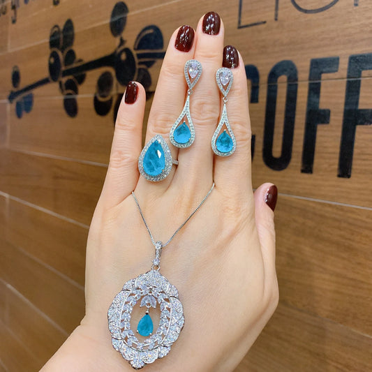 Gemfiori Fashionable Luxury Exquisite Micro Inlaid Zircon Earrings Light Luxury Niche High-end Pendant Ring Water Droplet Shaped Set