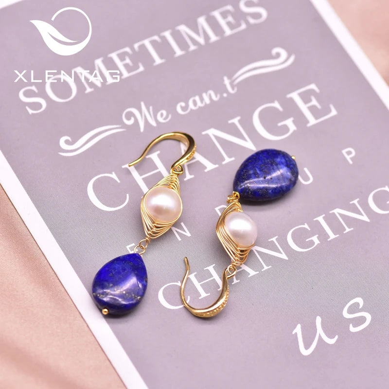 Natural Lapis Lazuli Pendant Earrings Boho Aesthetic Stone Hook Accessories for Women Romantic Fine Jewelry
